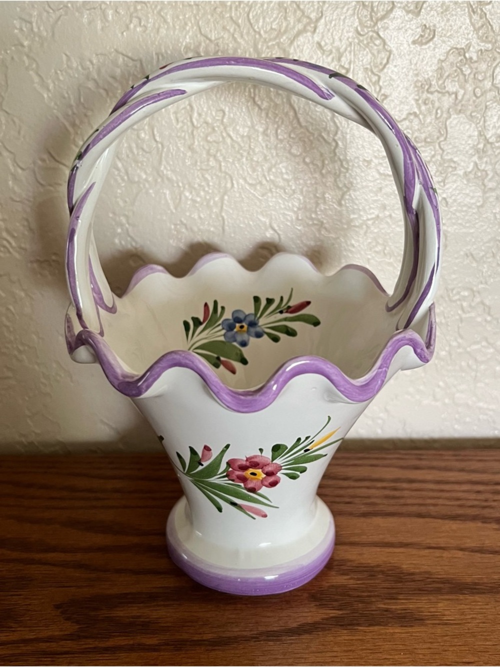 Vintage Portugal Hand Painted Ceramic Basket